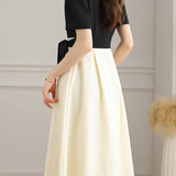 Bi-Color Square Neck Tie-Belted Flare Dress with Lining