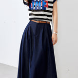 Two-Piece Set: Round Neck Logo Print Striped Blouse + Simple Design Long Belted Skirt