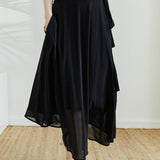 Side Ribbon Belt Long Flare Sheer Skirt with Lining