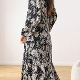 Elegant Commuter V‑Neck Floral Waist‑Defined Long‑Sleeve Dress
