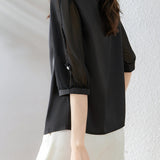 Diagonal Shirt Collar 3D Flower Pearl Decor Satin Blouse - 2 Colors Available