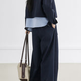 Casual Vacation Lapel Fake Two-Piece Long Sleeve Jacket & High Waist Wide Leg Pants Set