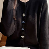 Casual Crew Neck Long‑Sleeve Knit Coat With Starfish Shell Buttons
