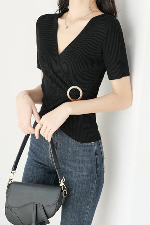Vネックバックル装飾フロントクロスニット　4色入 - liwisi