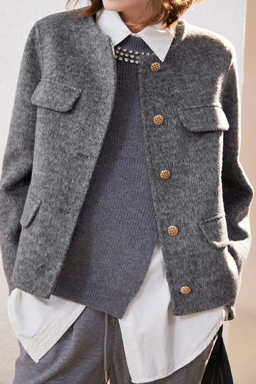 Elegant Round Neck Open-Front Short Double-Faced Wool Coat - liwisi