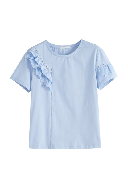 フリル装飾スカラップレース切替Tシャツ　2色入 - liwisi