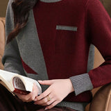 Elegant Mock Neck Color‑Blocked Long‑Sleeve Knit Top