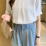 V-Neck Front Tuck-In Short Sleeve Blouse - 2 Colors Available
