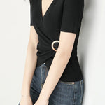 Vネックバックル装飾フロントクロスニット　4色入 - liwisi
