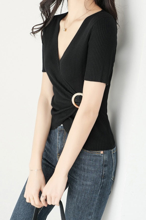 Vネックバックル装飾フロントクロスニット　4色入 - liwisi