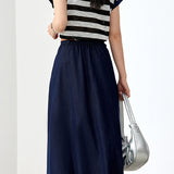 Two-Piece Set: Round Neck Logo Print Striped Blouse + Simple Design Long Belted Skirt