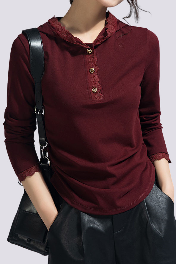 Casual Lace Long-Sleeve Edge Hooded T-Shirt - liwisi