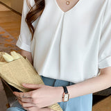 V-Neck Front Tuck-In Short Sleeve Blouse - 2 Colors Available