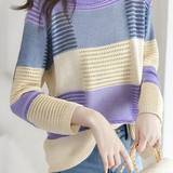 Color-Blocked Loose Striped Hollow-Out Long-Sleeve Knit Top