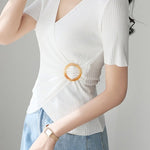 Vネックバックル装飾フロントクロスニット　4色入 - liwisi