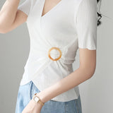 Vネックバックル装飾フロントクロスニット　4色入 - liwisi