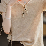 Casual Ruffled Beaded Tie Linen Knit Top