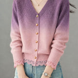 Elegant Date Gradient V‑Neck Single‑Breasted Lace‑Spliced Knit Cardigan
