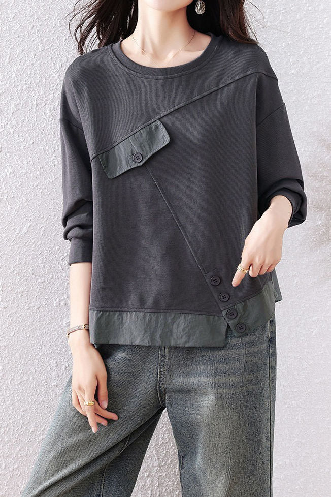 Casual Commuter Crew‑Neck Long‑Sleeve Sweatshirt With Diagonal Seam Irregular Hem