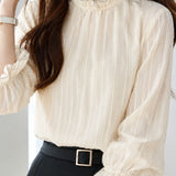 French‑Style Elegant Ruffled Stand Collar Vertical Texture Long‑Sleeve Shirt