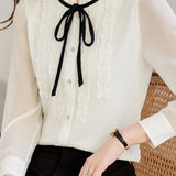 French Elegant Ruffle Collar Bow Long Sleeve Blouse