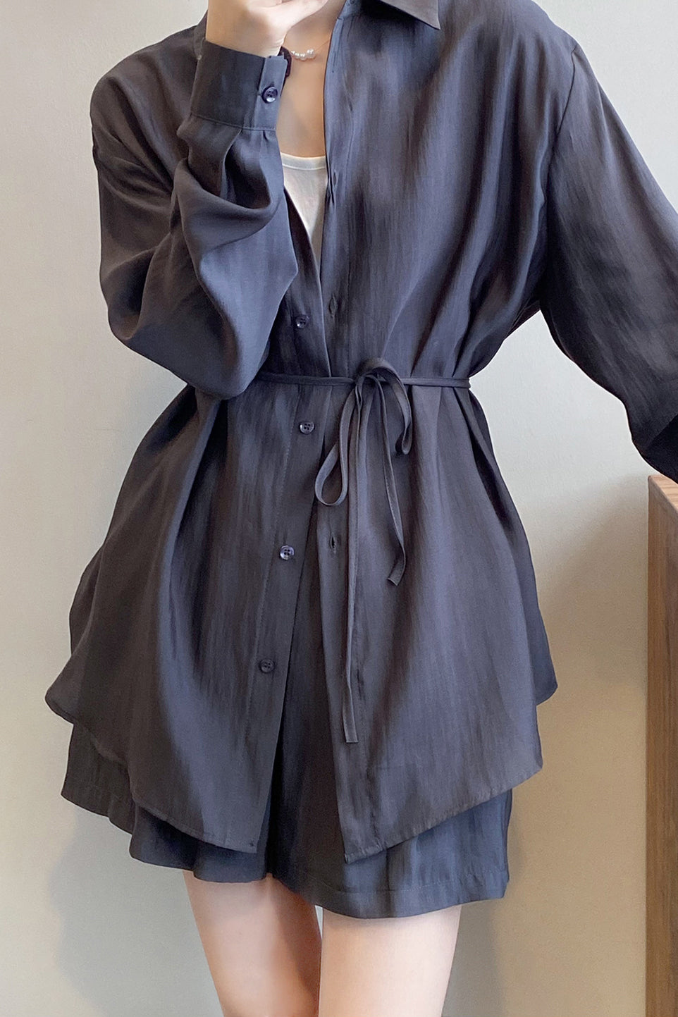 Two-Piece Set: Back Slit Sheer Shirt with Tie Belt + Front Tuck Shorts with Lining - 3 Colors Available - liwisi