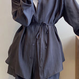 Two-Piece Set: Back Slit Sheer Shirt with Tie Belt + Front Tuck Shorts with Lining - 3 Colors Available