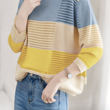 Color-Blocked Loose Striped Hollow-Out Long-Sleeve Knit Top