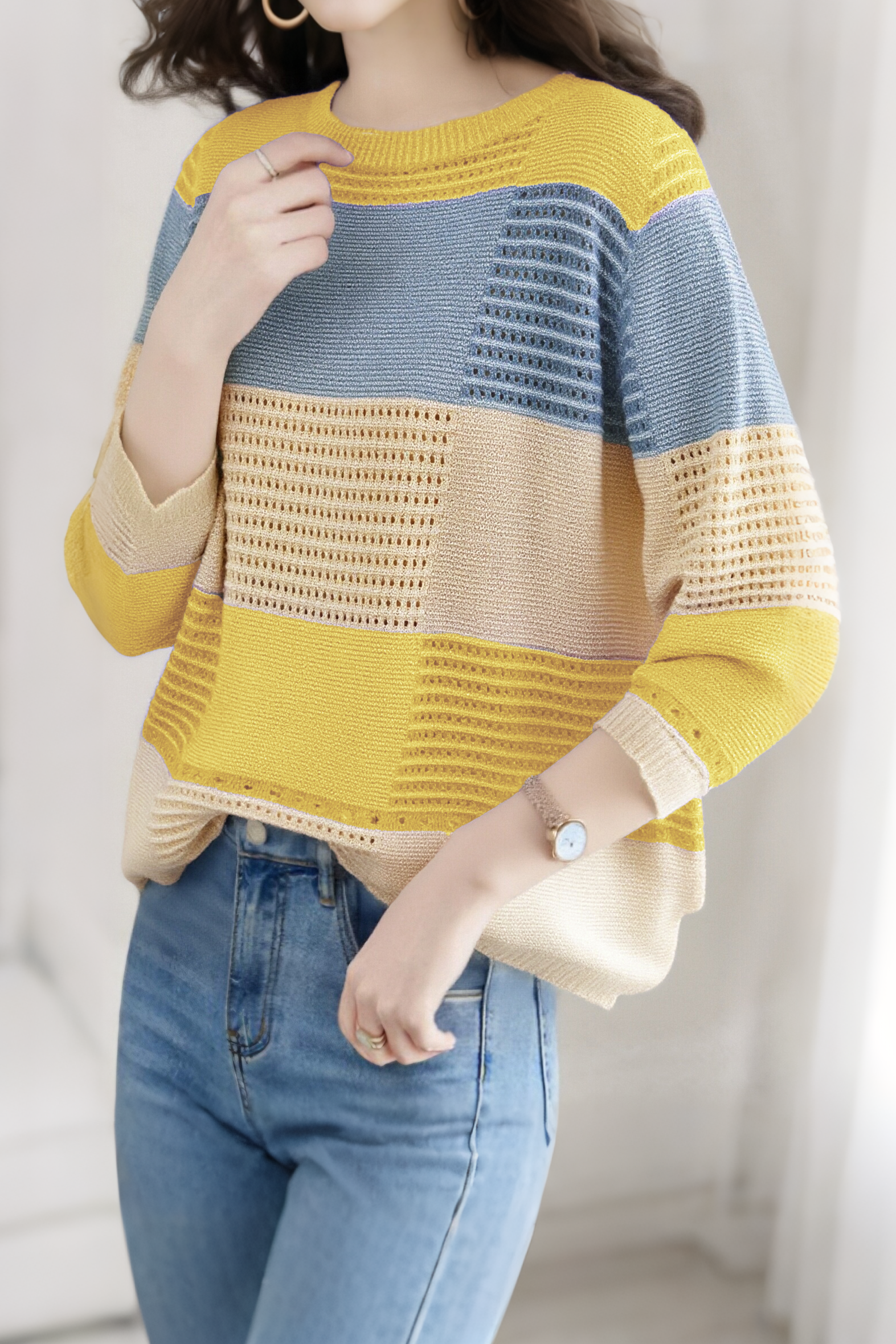 Color-Blocked Loose Striped Hollow-Out Long-Sleeve Knit Top - liwisi
