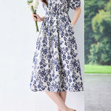 Exquisite Date‑Style Crew‑Neck Short‑Sleeve Dress With Botanical Print
