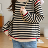 Casual Horizontal Stripe Contrast Knit Top With Side Slits