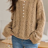 Casual Cable Hollow Half-Placket Knit Top