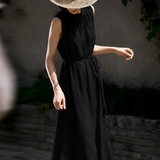 Elegant Commuter Vertical Texture Ruched Tie Waist Dress
