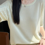 Elegant Tencel Lyocell Hollow-Out Cuffed Crew Neck Knit Top
