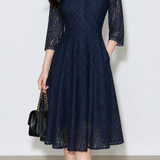 Elegant Commuter Stand Collar Three-Quarter Sleeve Dress With Lace Trim