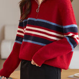High-neck color-blocked striped knitwear