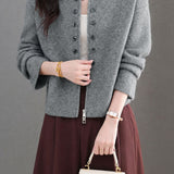 Elegant Commuter Lapel Zip & Button Long-Sleeve Knit Cardigan