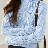 Casual Versatile Half-High Neck Hollow-Out Solid-Color Knitted Top