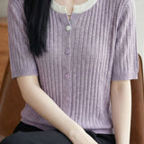 Casual Color Contrast Collar Contrast Button Ribbed Knit Top