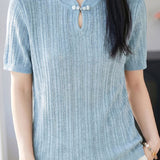 Elegant Commuter Frog Button Hollow-out Short Sleeve Knit Top