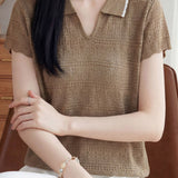 Casual Elegant Tencel Linen Hollow-out Polo Collar Short Sleeve Knit Top
