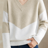 Casual Commuter Color Contrast Deep V-Neck Pullover Knit Top