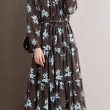 Exquisite Elegant Crew Neck Waist-Tied Printed Long-Sleeve Dress