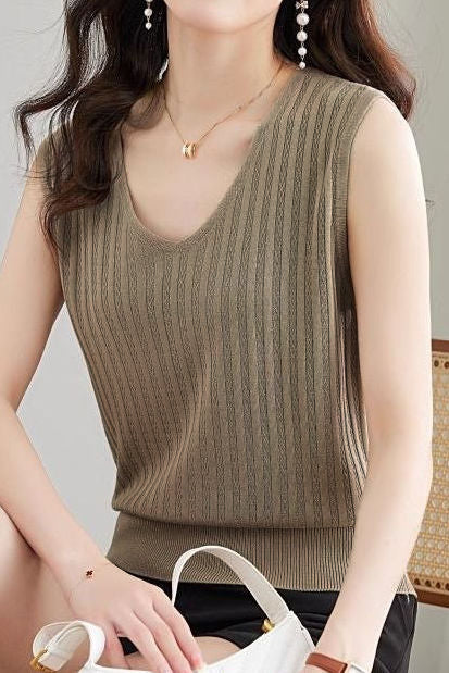 V-neck sleeveless textured knit tank top - liwisi