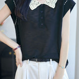 Gentle Commuter Lace Doll Collar Short Sleeve Knit Top