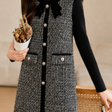 Elegant Tweed Color-Block Spliced Two-Piece Set: Slip Dress & Knit Top
