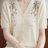 Gentle Elegant Plum Blossom Embroidered Tencel Short Sleeve Knit Top