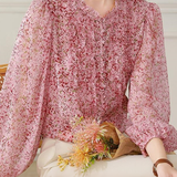 Exquisite Commuter Ruffled Stand‑Collared Floral Long‑Sleeve Shirt
