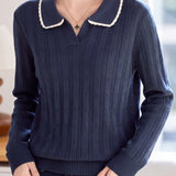 Color‑Block Trimmed Polo Collar Ribbed Knit Top