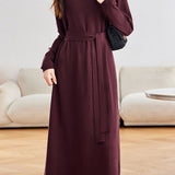 Elegant Commuter Turtleneck Belted Long-Sleeve Knit Dress